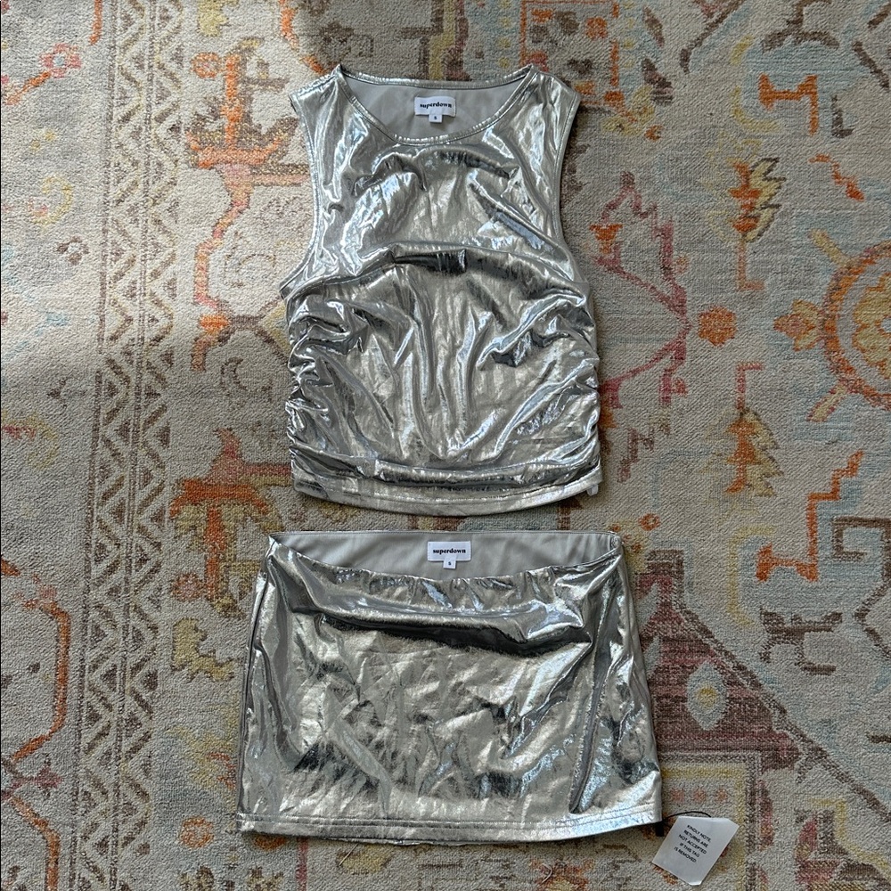 Superdown Silver Metallic Tank Top and Skirt Set